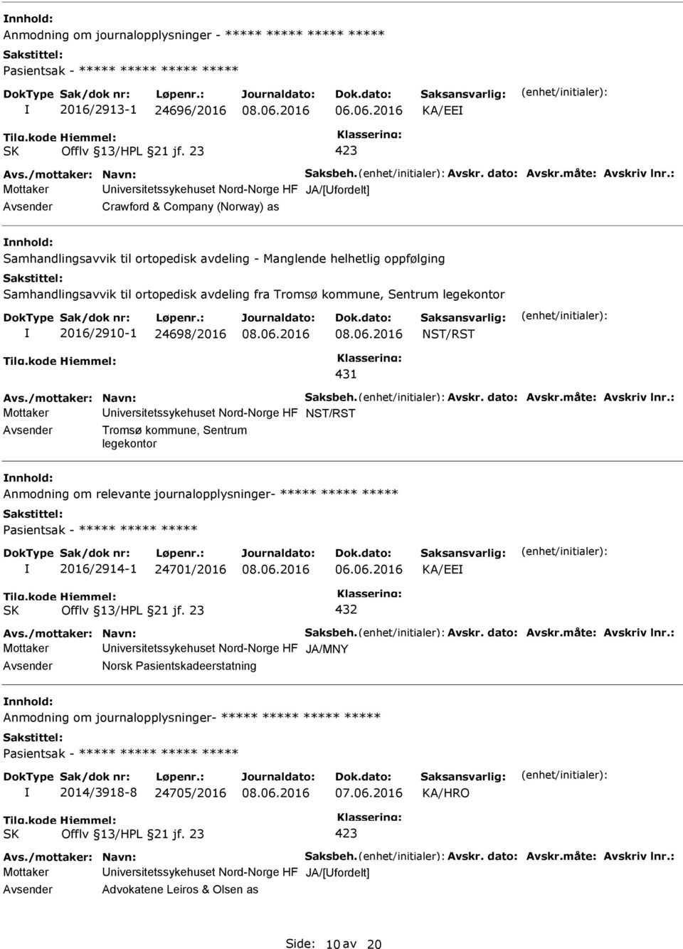 : Mottaker JA/[fordelt] Crawford & Company (Norway) as nnhold: Samhandlingsavvik til ortopedisk avdeling - Manglende helhetlig oppfølging Samhandlingsavvik til ortopedisk avdeling fra Tromsø kommune,