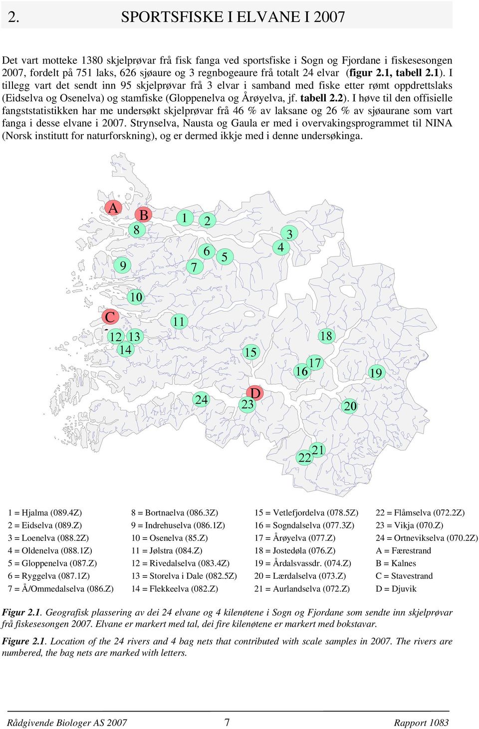 Strynselva, Nausta og Gaula er med i overvakingsprogrammet til NINA (Norsk institutt for naturforskning, og er dermed ikkje med i denne undersøkinga. A 9 B 8 6 7 C 8 6 7 D 9 = Hjalma (89.