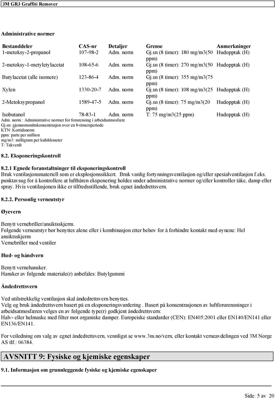 norm T: 75 mg/m3(25 ppm) Hudopptak (H) Adm. norm : Administrative normer for forurensing i arbeidsatmosfære Gj.