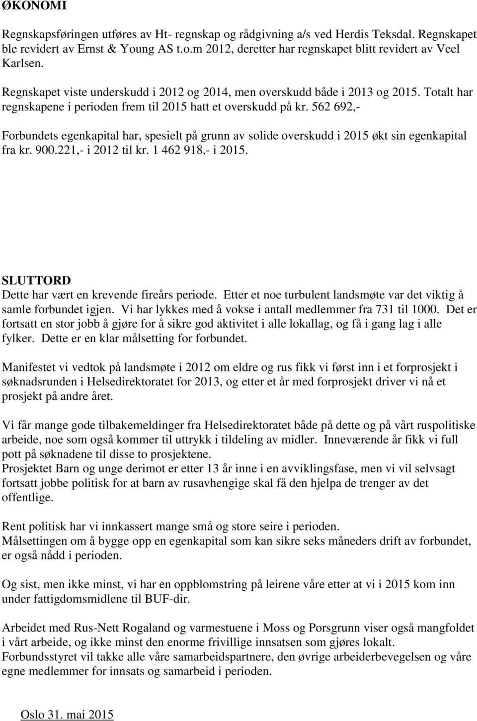 562 692,- Forbundets egenkapital har, spesielt på grunn av solide overskudd i 2015 økt sin egenkapital fra kr. 900.221,- i 2012 til kr. 1 462 918,- i 2015.