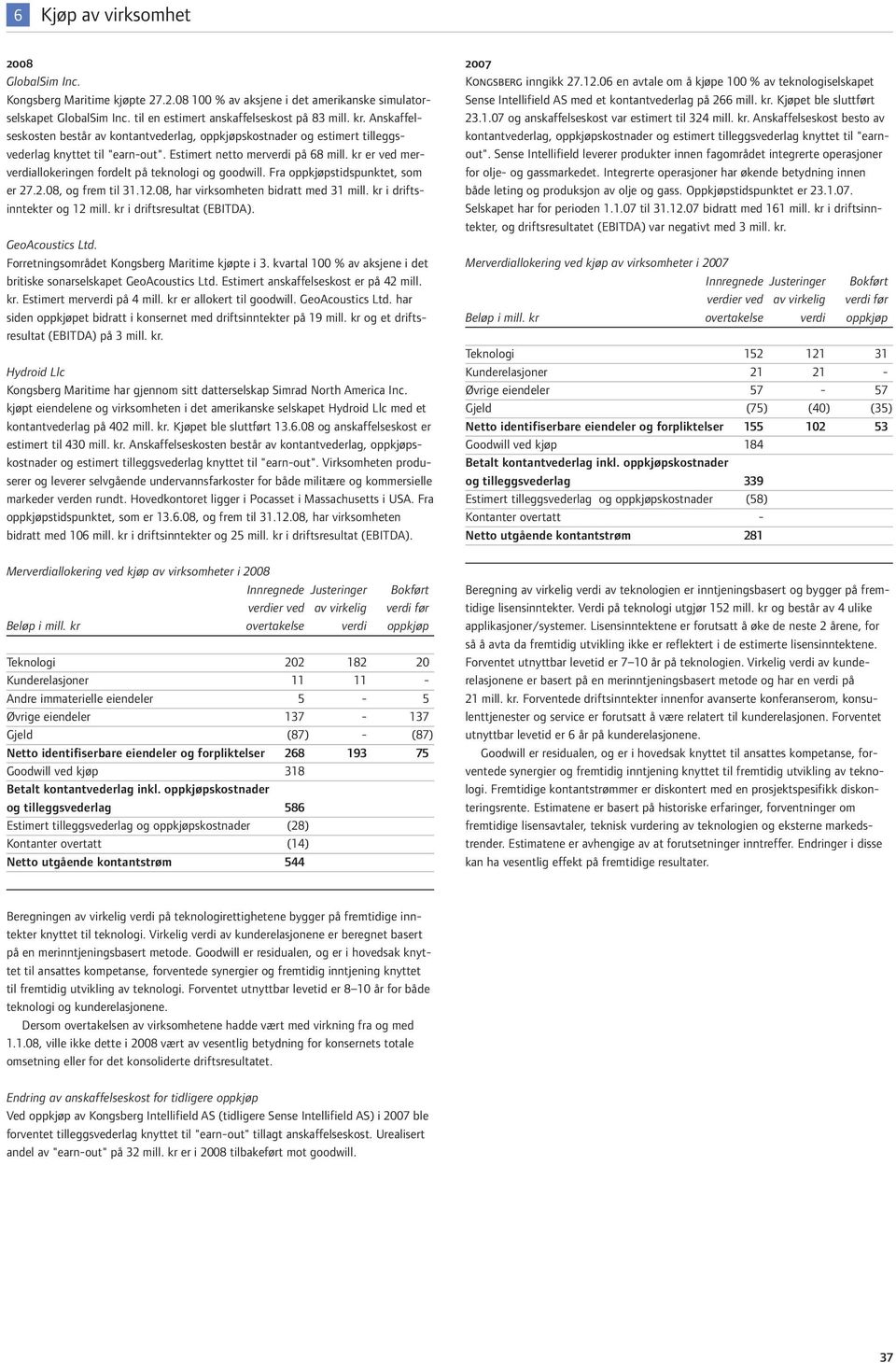 kr er ved merverdiallokeringen fordelt på teknologi og goodwill. Fra oppkjøpstidspunktet, som er 27.2.08, og frem til 31.12.08, har virksomheten bidratt med 31 mill. kr i driftsinntekter og 12 mill.