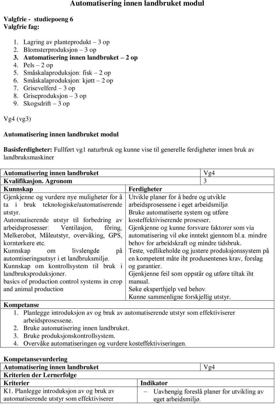 Skogsdrift 3 op (vg3) Automatisering innen landbruket modul Basisferdigheter: Fullført vg1 naturbruk og kunne vise til generelle ferdigheter innen bruk av landbruksmaskiner Automatisering innen