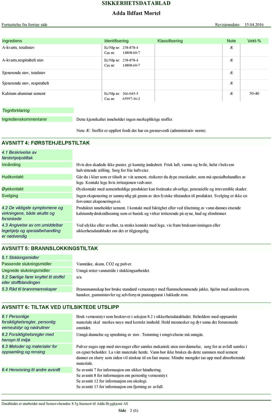 stoffer. Note : Stoffet er oppført fordi det har en grenseverdi (administrativ norm). AVSNITT 4: FØRSTEHJELPSTILTAK 4.1 Beskrivelse av førstehjelpstiltak Innånding Hudkontakt Øyekontakt Svelging 4.