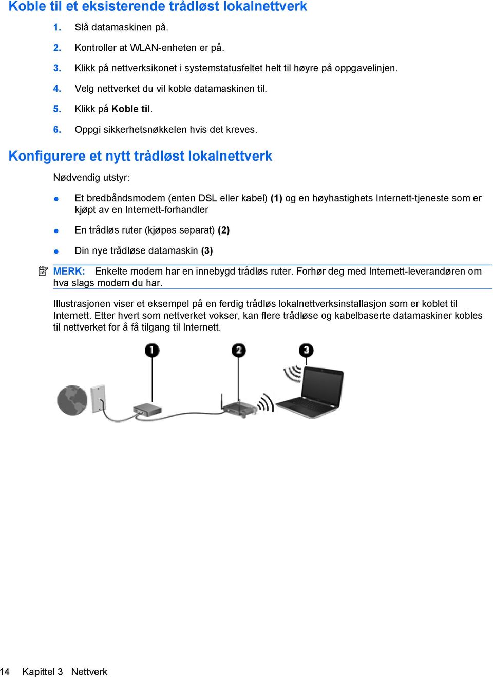 Konfigurere et nytt trådløst lokalnettverk Nødvendig utstyr: Et bredbåndsmodem (enten DSL eller kabel) (1) og en høyhastighets Internett-tjeneste som er kjøpt av en Internett-forhandler En trådløs