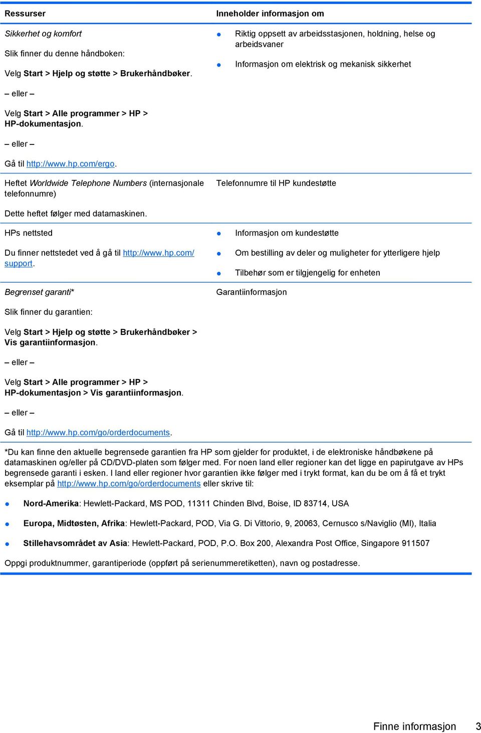 Riktig oppsett av arbeidsstasjonen, holdning, helse og arbeidsvaner Informasjon om elektrisk og mekanisk sikkerhet Heftet Worldwide Telephone Numbers (internasjonale telefonnumre) Telefonnumre til HP