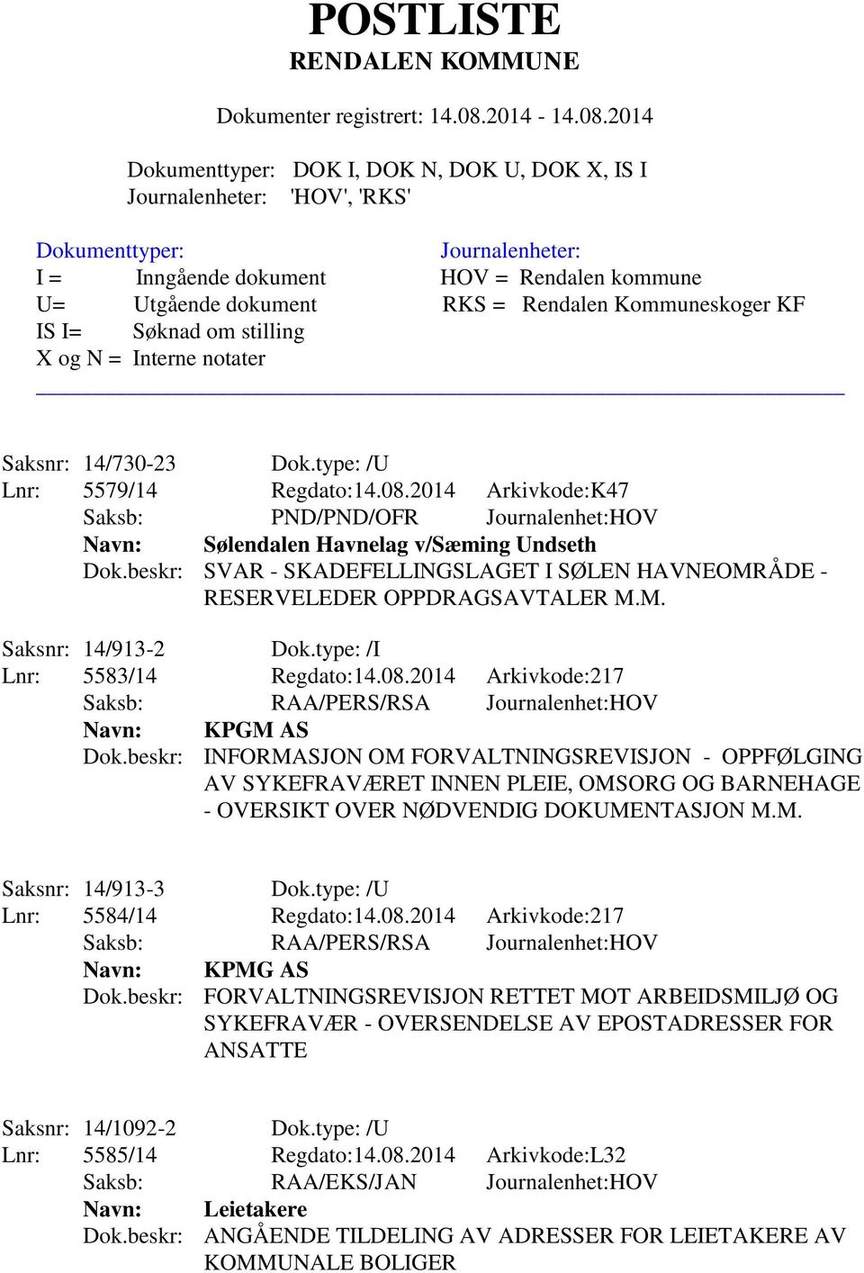 beskr: INFORMASJON OM FORVALTNINGSREVISJON - OPPFØLGING AV SYKEFRAVÆRET INNEN PLEIE, OMSORG OG BARNEHAGE - OVERSIKT OVER NØDVENDIG DOKUMENTASJON M.M. Saksnr: 14/913-3 Dok.