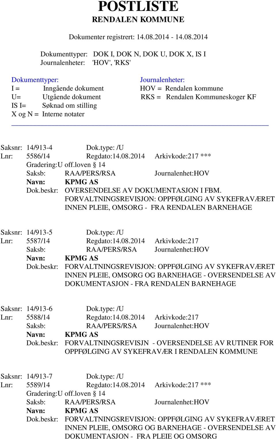 beskr: FORVALTNINGSREVISJON: OPPFØLGING AV SYKEFRAVÆRET INNEN PLEIE, OMSORG OG BARNEHAGE - OVERSENDELSE AV DOKUMENTASJON - FRA RENDALEN BARNEHAGE Saksnr: 14/913-6 Dok.type: /U Lnr: 5588/14 Regdato:14.