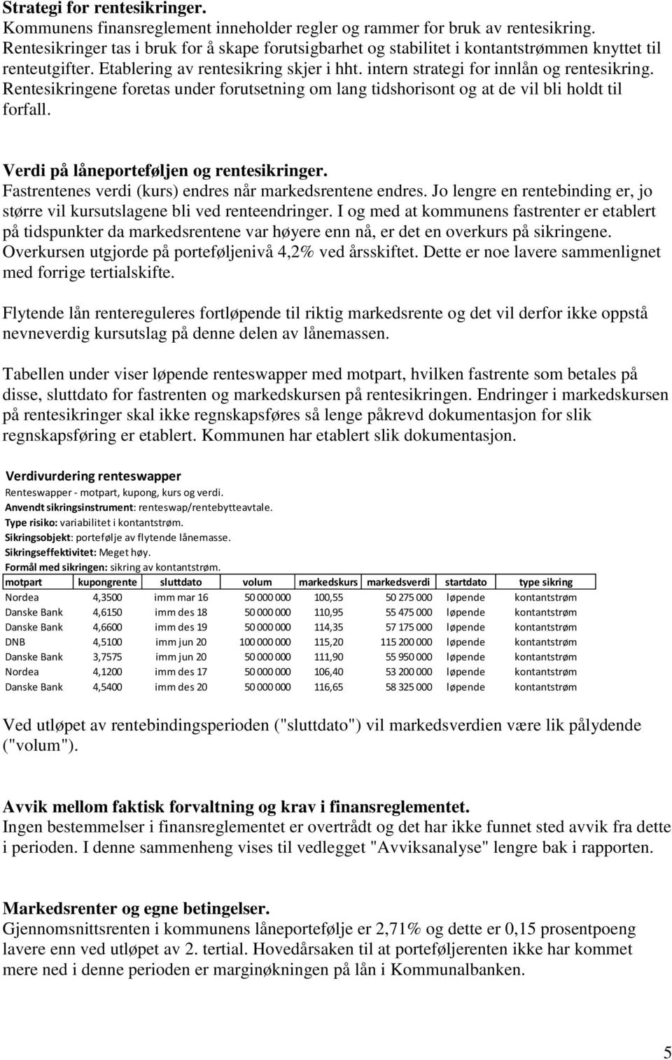 Rentesikringene foretas under forutsetning om lang tidshorisont og at de vil bli holdt til forfall. Verdi på låneporteføljen og rentesikringer.