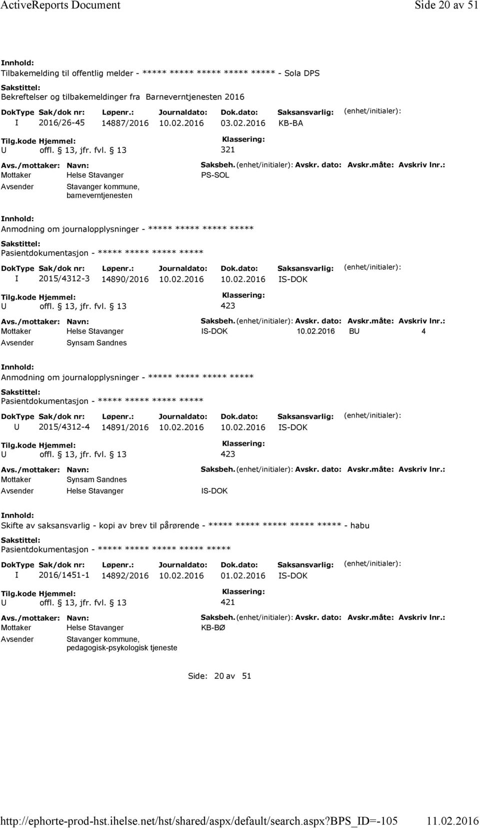 bps_d=-105 Side 20 av 51 Tilbakemelding til offentlig melder - ***** ***** ***** ***** ***** - Sola DPS Bekreftelser og tilbakemeldinger fra Barneverntjenesten 2016 2016/26-45 14887/2016 03.02.