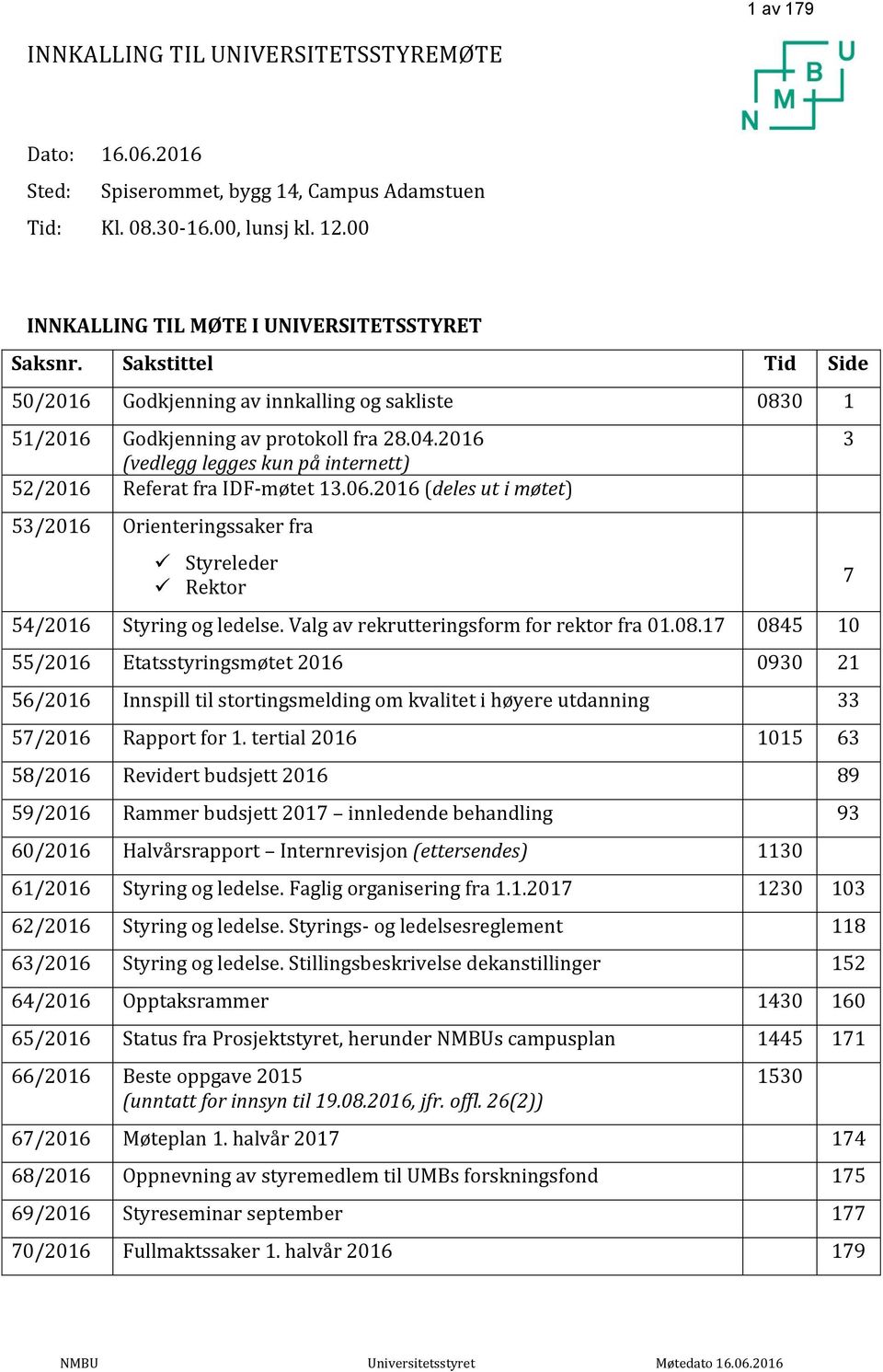 2016 (deles ut i møtet) 53/2016 Orienteringssaker fra Styreleder Rektor 54/2016 Styring og ledelse. Valg av rekrutteringsform for rektor fra 01.08.