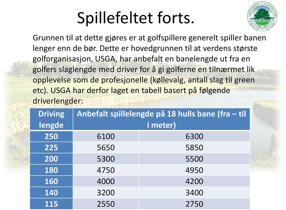 golferne en tilnærmet lik opplevelse som de profesjonelle (køllevalg, antall slag til green etc).