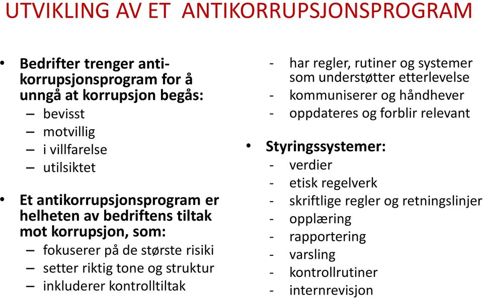 struktur inkluderer kontrolltiltak - har regler, rutiner og systemer som understøtter etterlevelse - kommuniserer og håndhever - oppdateres og forblir