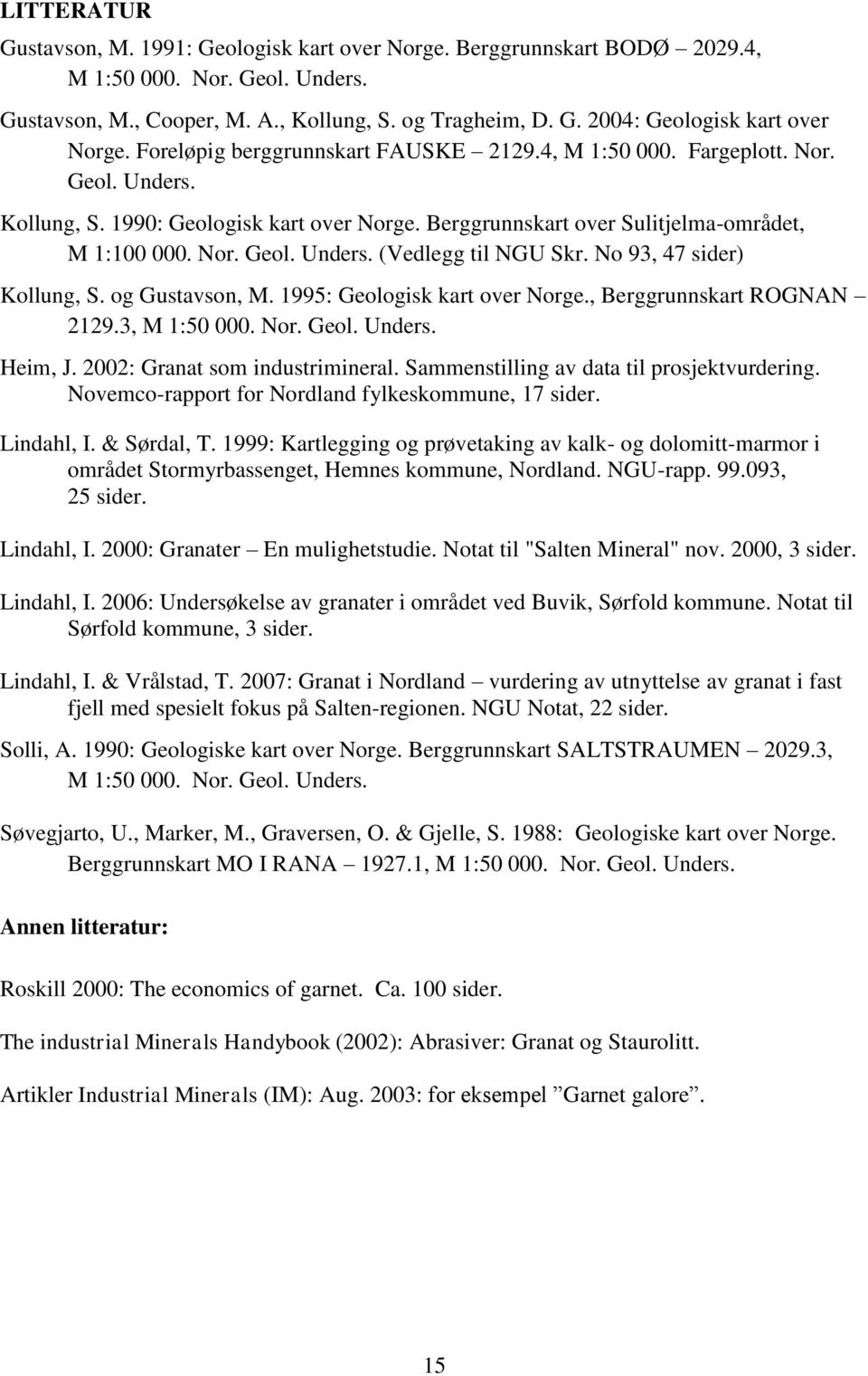 No 93, 47 sider) Kollung, S. og Gustavson, M. 1995: Geologisk kart over Norge., Berggrunnskart ROGNAN 2129.3, M 1:50 000. Nor. Geol. Unders. Heim, J. 2002: Granat som industrimineral.