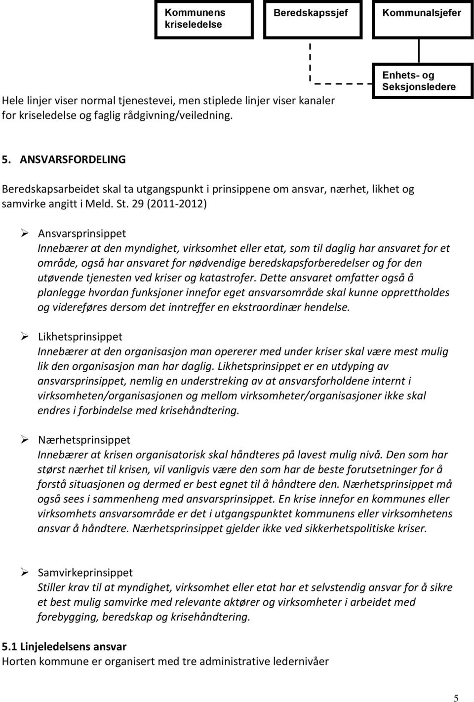 29 (2011-2012) Ansvarsprinsippet Innebærer at den myndighet, virksomhet eller etat, som til daglig har ansvaret for et område, også har ansvaret for nødvendige beredskapsforberedelser og for den