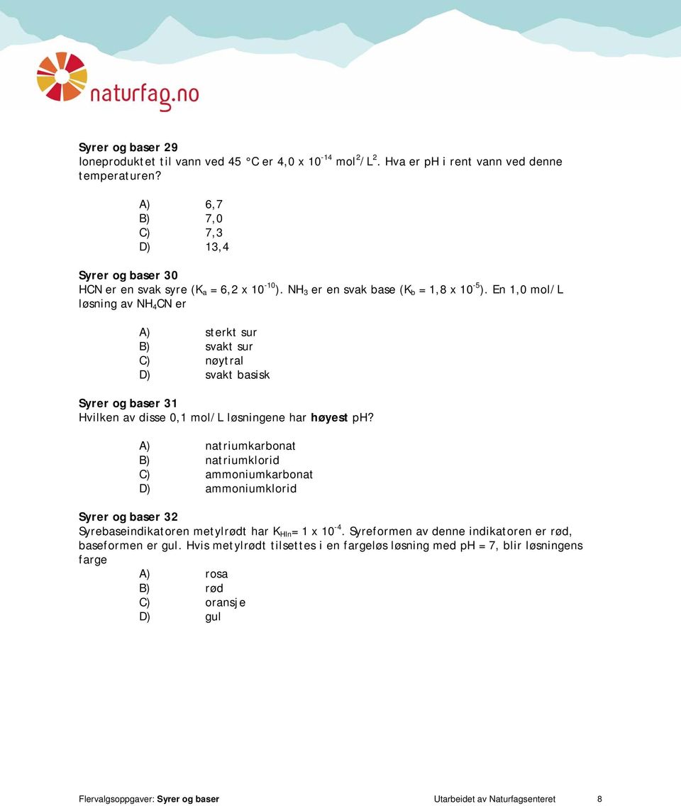 En 1,0 mol/l løsning av NH 4 CN er A) sterkt sur B) svakt sur C) nøytral D) svakt basisk Syrer og baser 31 Hvilken av disse 0,1 mol/l løsningene har høyest ph?