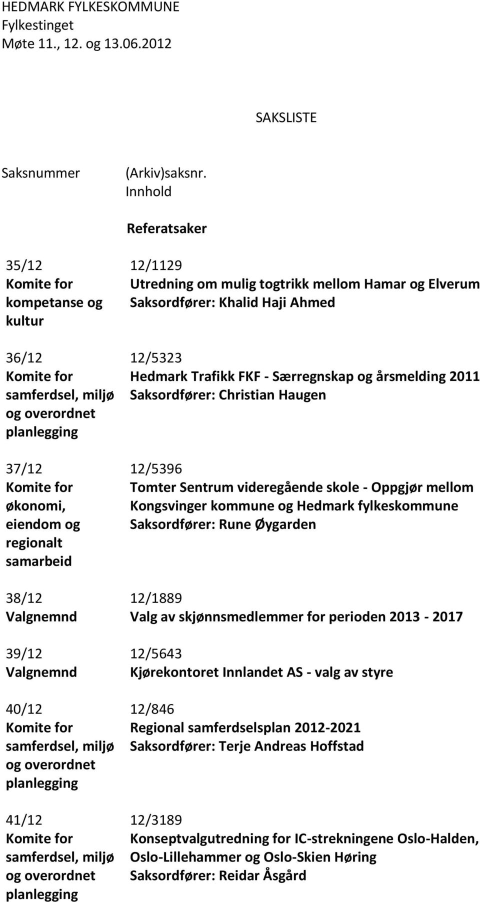 Valgnemnd 40/12 Komite for samferdsel, miljø og overordnet planlegging 41/12 Komite for samferdsel, miljø og overordnet planlegging 12/1129 Utredning om mulig togtrikk mellom Hamar og Elverum