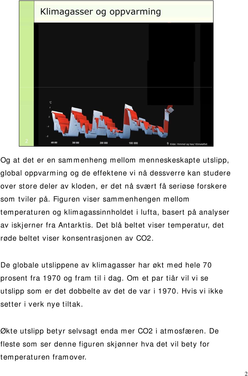 Det blå beltet viser temperatur, det røde beltet viser konsentrasjonen av CO2. De globale utslippene av klimagasser har økt med hele 70 prosent fra 1970 og fram til i dag.