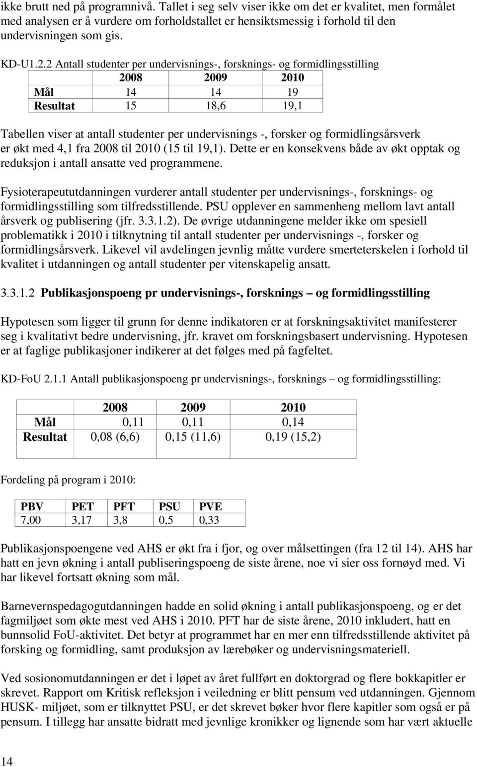 2 Antall studenter per undervisnings-, forsknings- og formidlingsstilling 2008 2009 2010 Mål 14 14 19 Resultat 15 18,6 19,1 Tabellen viser at antall studenter per undervisnings -, forsker og