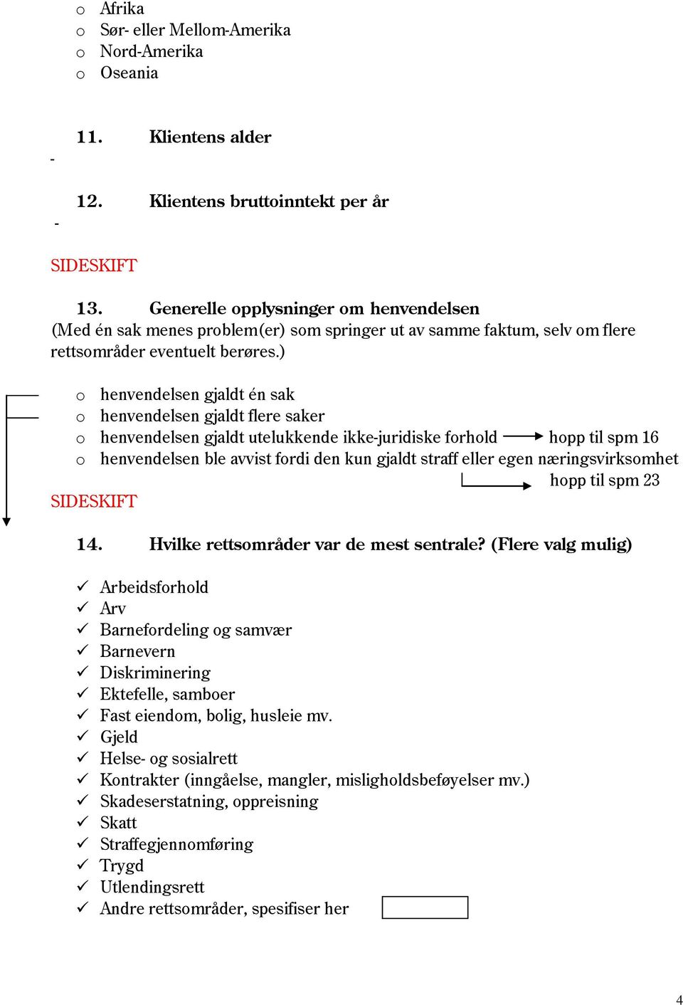 ) o henvendelsen gjaldt én sak o henvendelsen gjaldt flere saker o henvendelsen gjaldt utelukkende ikke-juridiske forhold hopp til spm 16 o henvendelsen ble avvist fordi den kun gjaldt straff eller