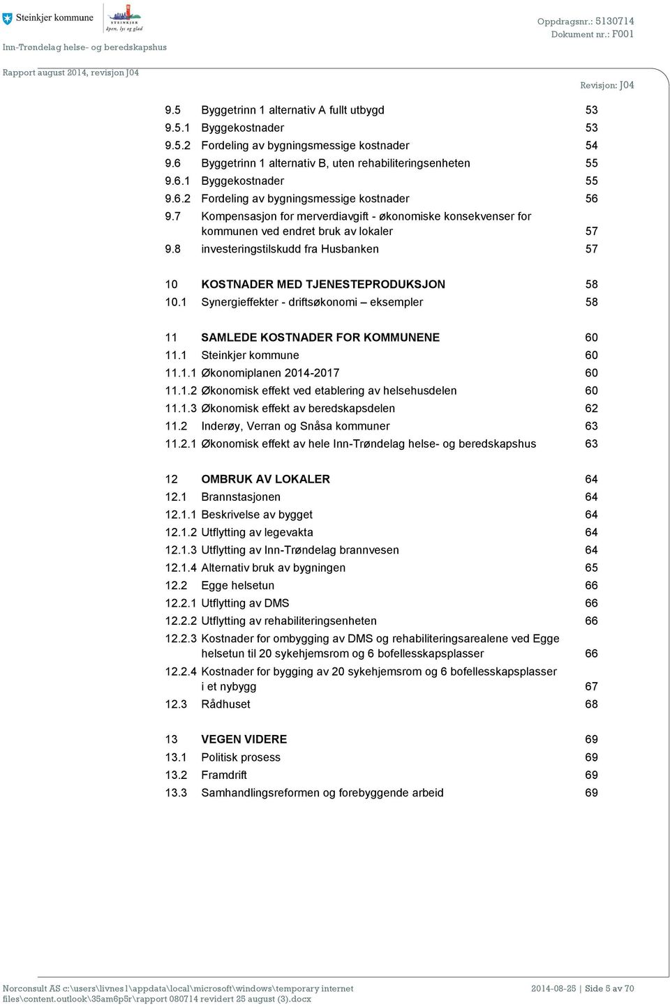 8 investeringstilskudd fra Husbanken 57 10 KOSTNADER MED TJENESTEPRODUKSJON 58 10.1 Synergieffekter - driftsøkonomi eksempler 58 11 SAMLEDE KOSTNADER FOR KOMMUNENE 60 11.1 Steinkjer kommune 60 11.1.1 Økonomiplanen 2014-2017 60 11.