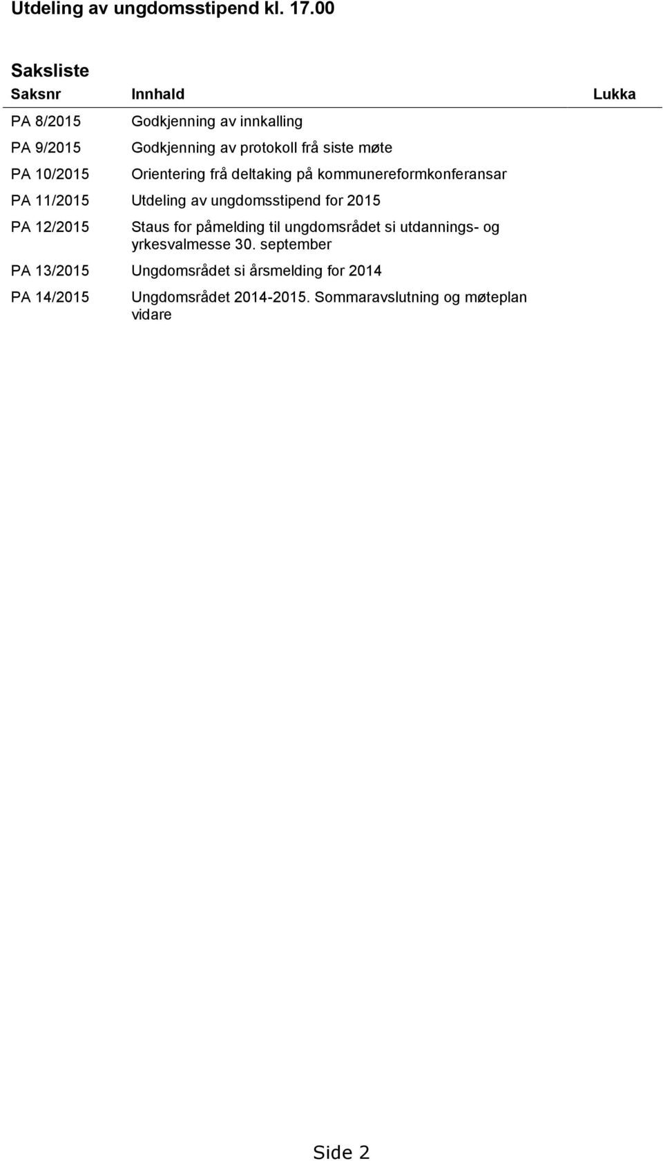 siste møte Orientering frå deltaking på kommunereformkonferansar PA 11/2015 Utdeling av ungdomsstipend for 2015 PA