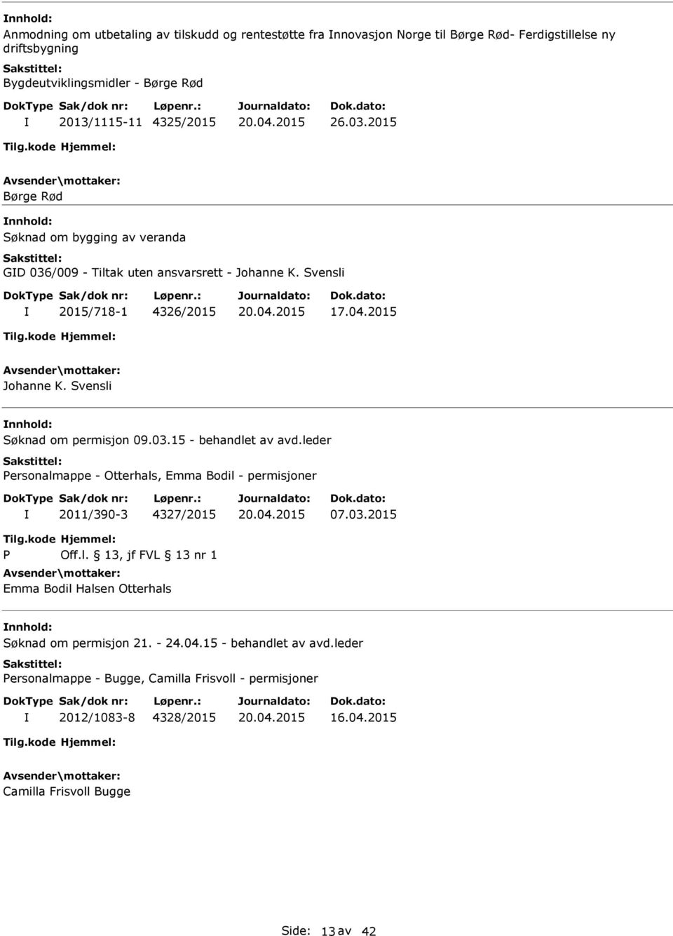 Svensli Søknad om permisjon 09.03.15 - behandlet av avd.leder Personalmappe - Otterhals, Emma Bodil - permisjoner 2011/390-3 4327/2015 07.03.2015 P Emma Bodil Halsen Otterhals Søknad om permisjon 21.