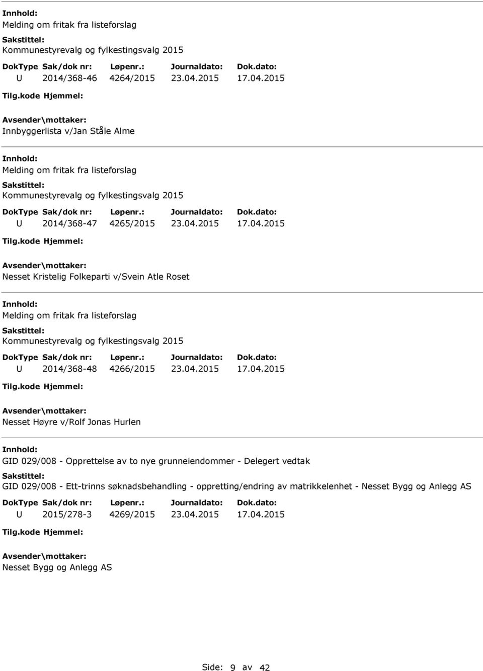 2015 Nesset Kristelig Folkeparti v/svein Atle Roset Melding om fritak fra listeforslag Kommunestyrevalg og fylkestingsvalg 2015 2014/368-48 4266/2015 17.04.