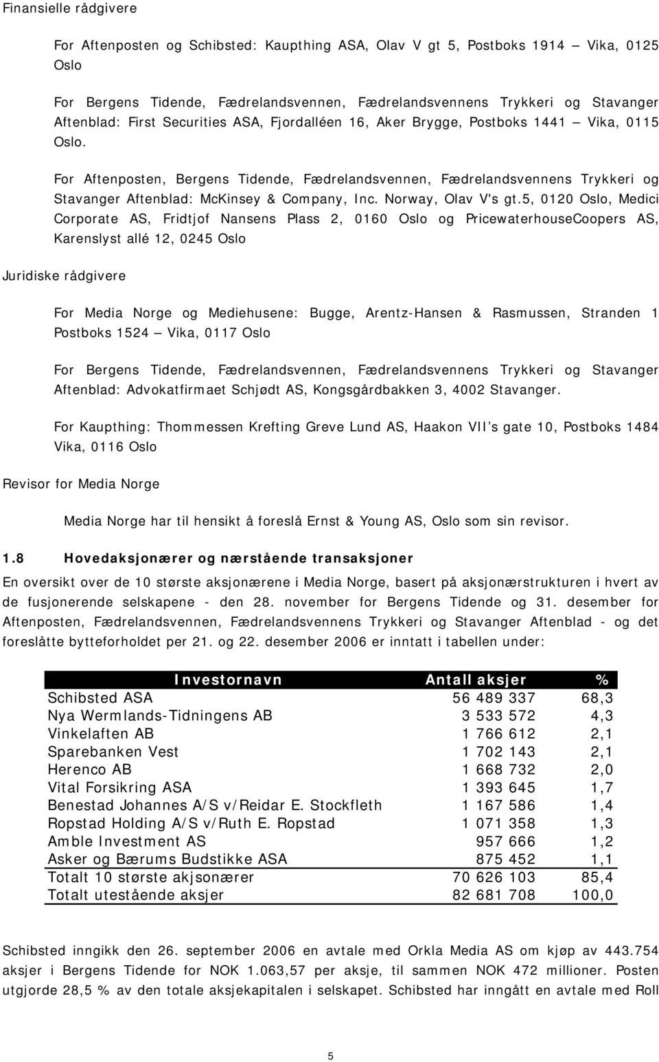 For Aftenposten, Bergens Tidende, Fædrelandsvennen, Fædrelandsvennens Trykkeri og Stavanger Aftenblad: McKinsey & Company, Inc. Norway, Olav V's gt.