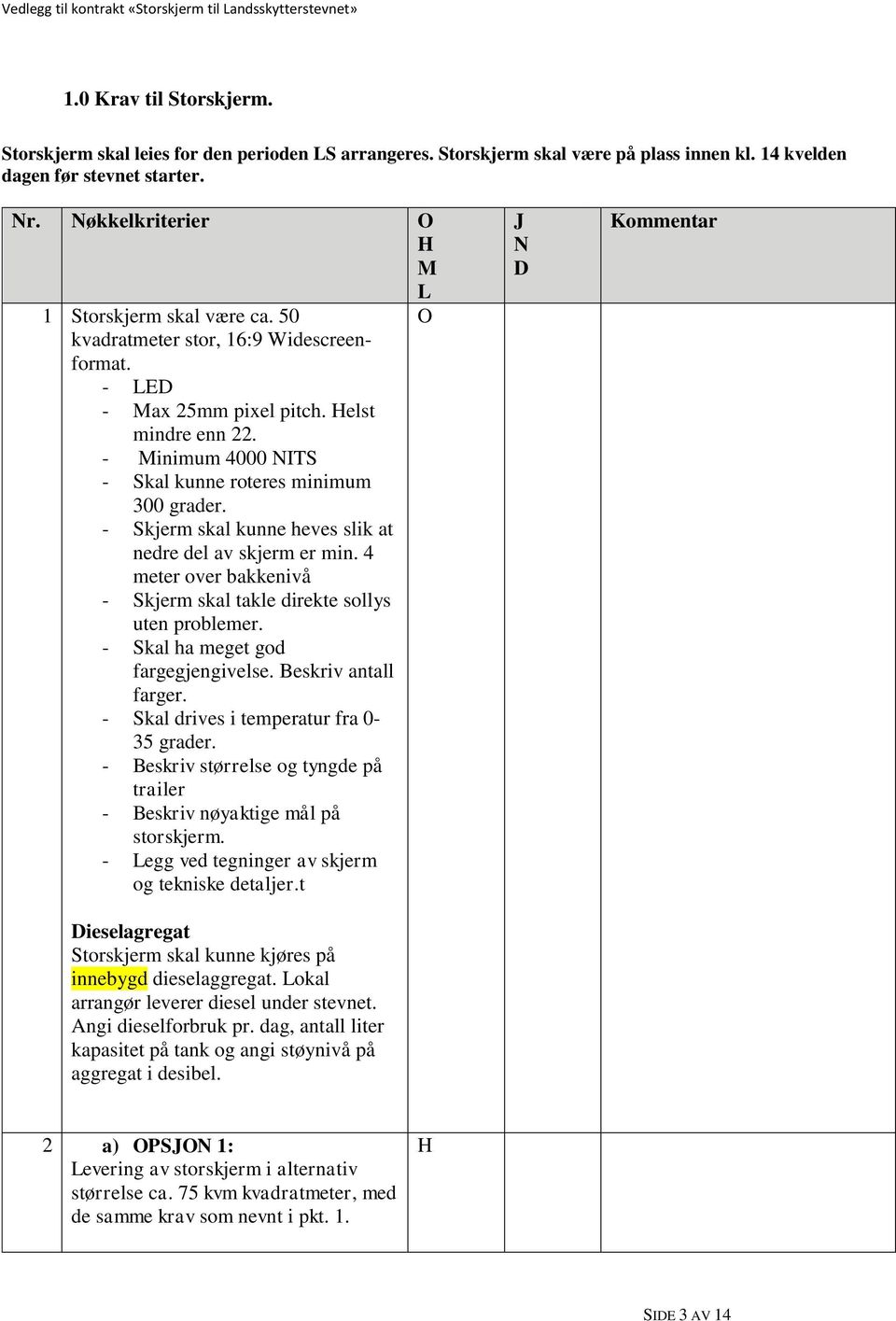 - Minimum 4000 NITS - Skal kunne roteres minimum 300 grader. - Skjerm skal kunne heves slik at nedre del av skjerm er min. 4 meter over bakkenivå - Skjerm skal takle direkte sollys uten problemer.