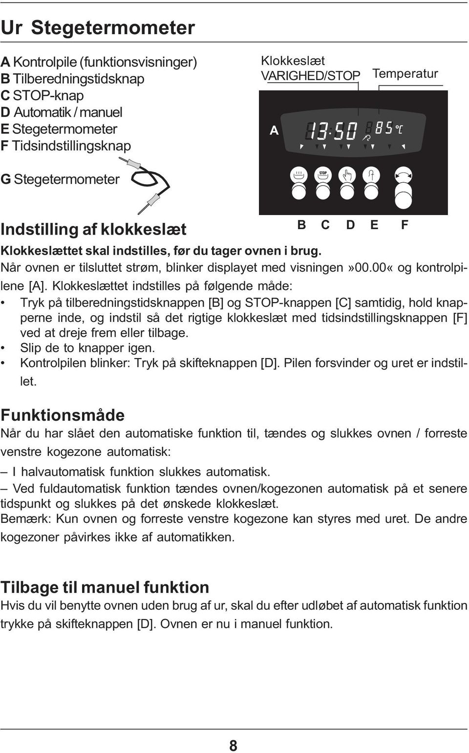 Klokkeslættet indstilles på følgende måde: Tryk på tilberedningstidsknappen [B] og STOP-knappen [C] samtidig, hold knapperne inde, og indstil så det rigtige klokkeslæt med tidsindstillingsknappen [F]