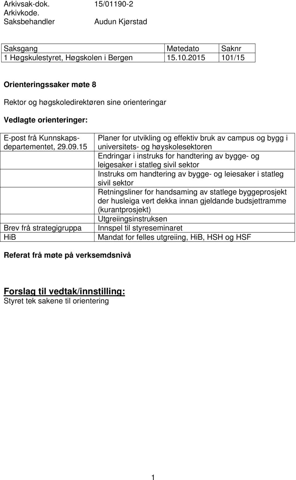 15 Brev frå strategigruppa HiB Planer for utvikling og effektiv bruk av campus og bygg i universitets- og høyskolesektoren Endringar i instruks for handtering av bygge- og leigesaker i statleg sivil