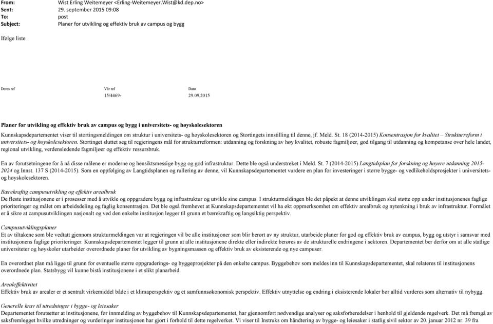 08 To: post Subject: Planer for utvikling og effektiv bruk av campus og bygg Ifølge liste Deres ref Vår ref Dato 15/4469-29.09.