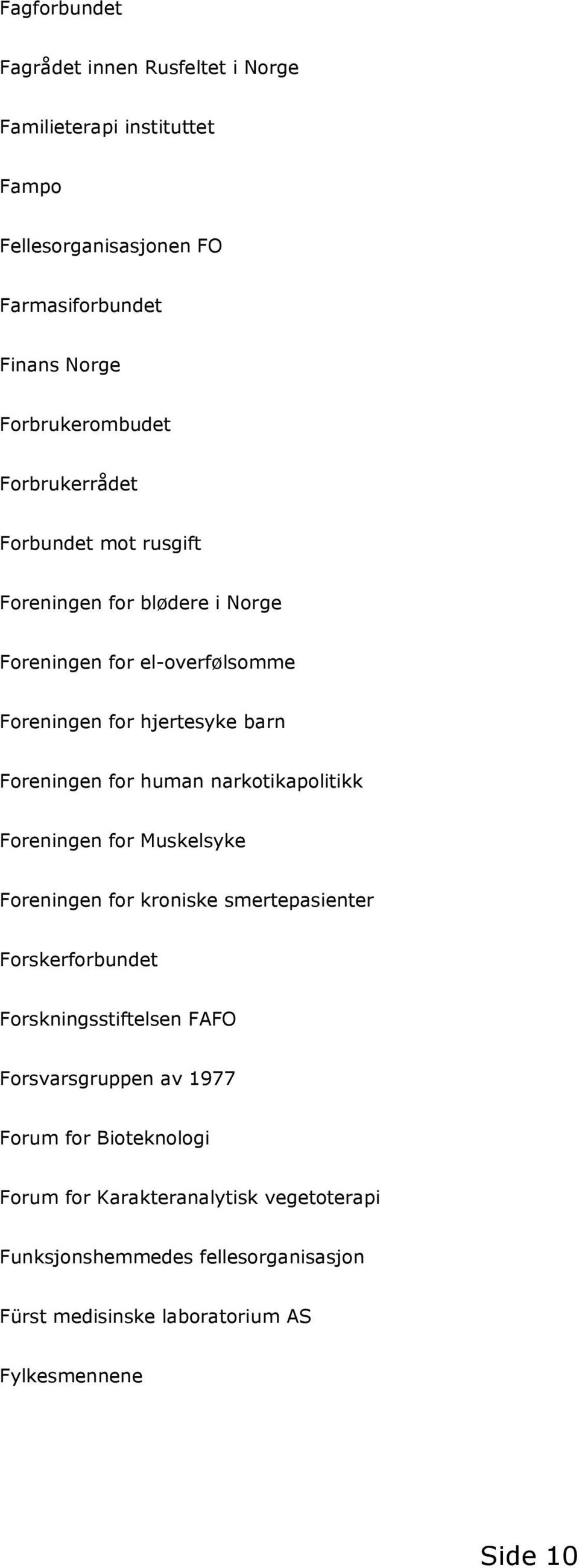 narkotikapolitikk Foreningen for Muskelsyke Foreningen for kroniske smertepasienter Forskerforbundet Forskningsstiftelsen FAFO Forsvarsgruppen av 1977