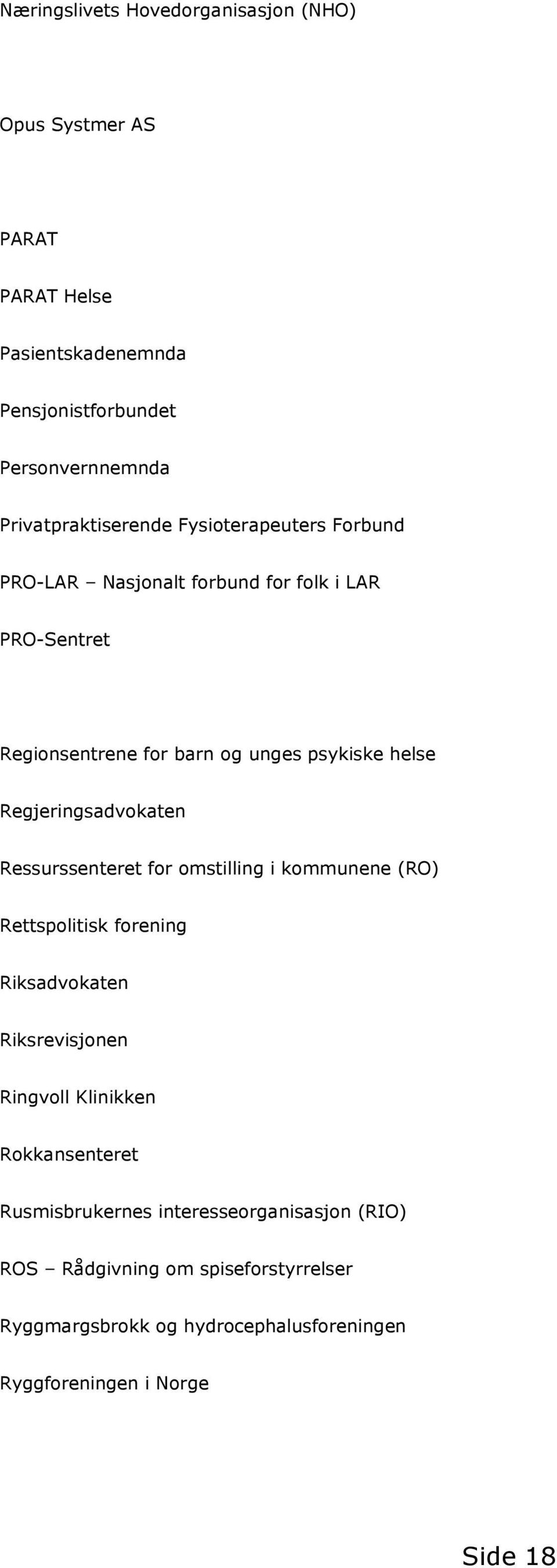 helse Regjeringsadvokaten Ressurssenteret for omstilling i kommunene (RO) Rettspolitisk forening Riksadvokaten Riksrevisjonen Ringvoll Klinikken