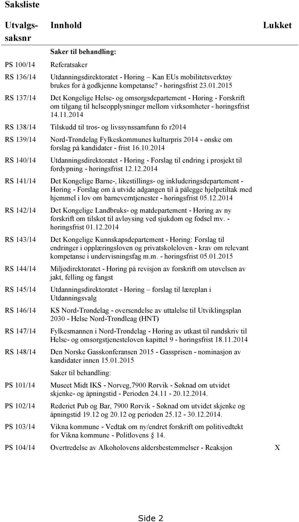 2014 Tilskudd til tros- og livssynssamfunn fo r2014 Nord-Trøndelag Fylkeskommunes kulturpris 2014 - ønske om forslag på kandidater - frist 16.10.