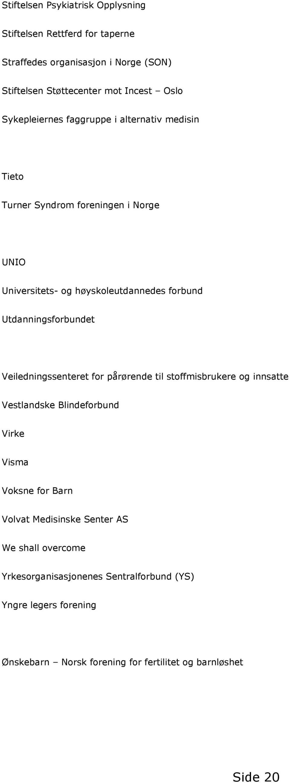 Utdanningsforbundet Veiledningssenteret for pårørende til stoffmisbrukere og innsatte Vestlandske Blindeforbund Virke Visma Voksne for Barn Volvat