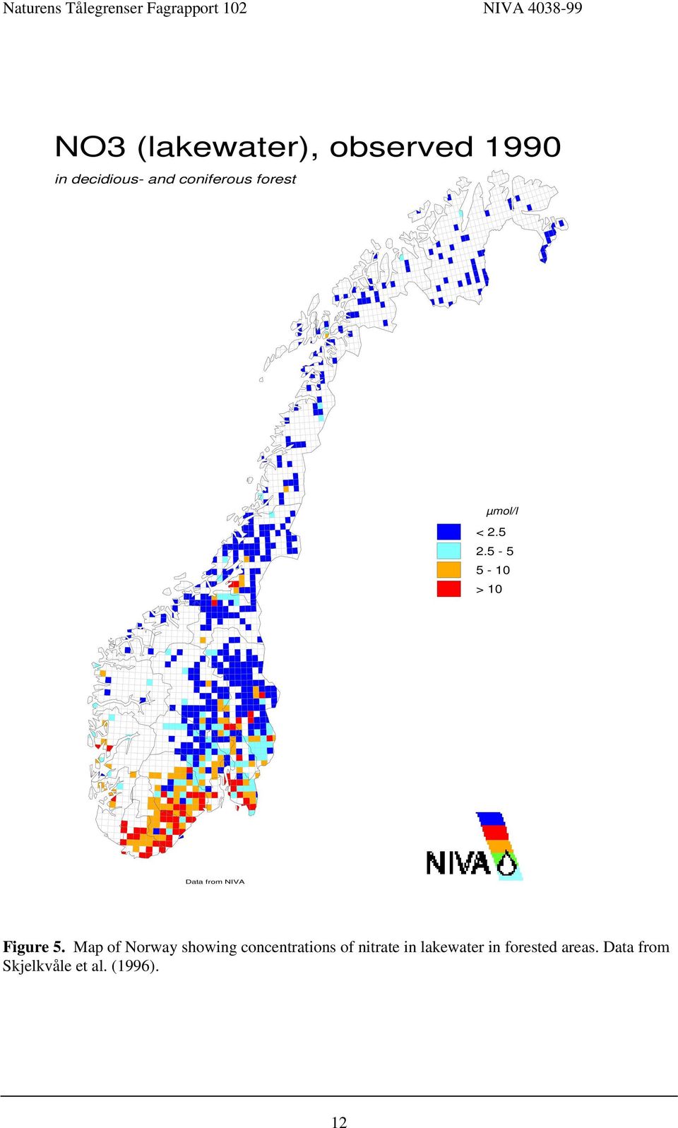 Map of Norway showing concentrations of nitrate in
