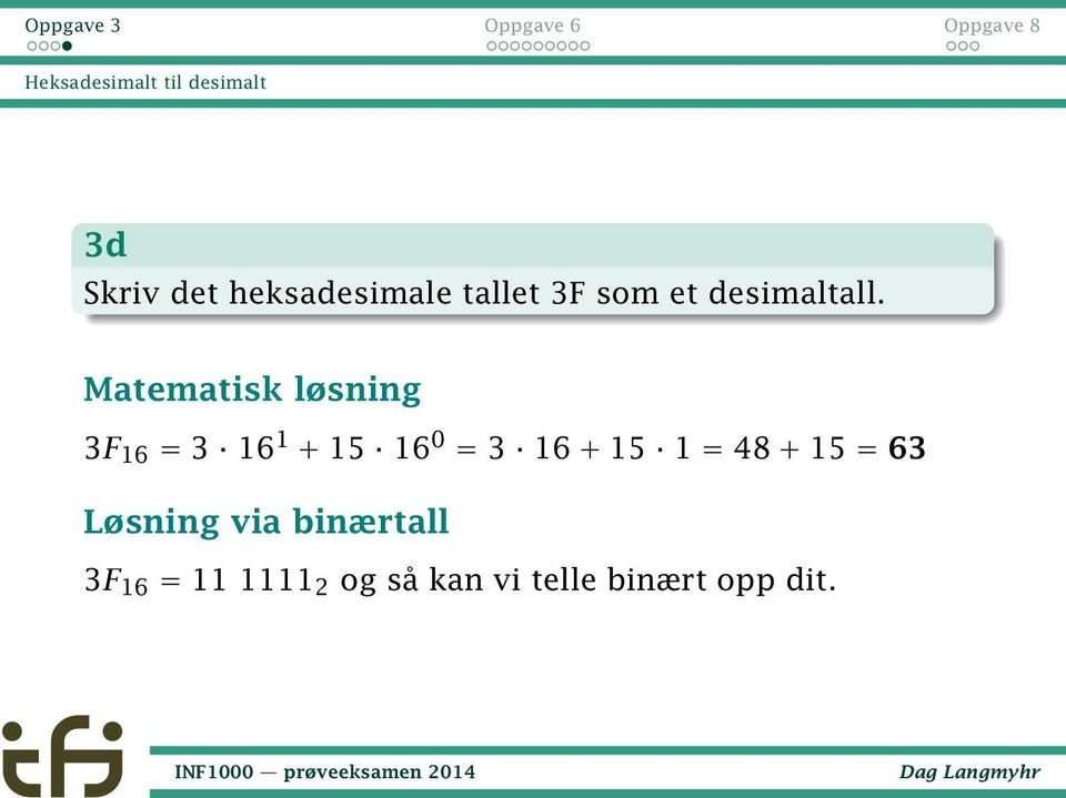 Matematisk løsning 3F 16 = 3 16 1 + 15 16 0 = 3 16 + 15 1