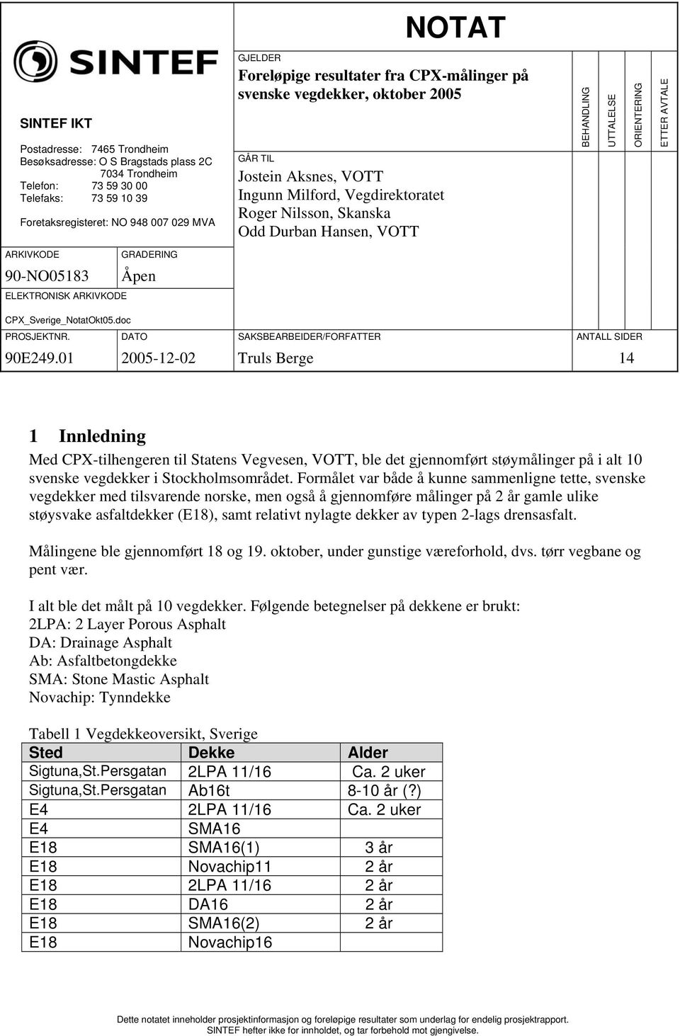 ORIENTERING ETTER AVTALE ARKIVKODE 90-NO05183 GRADERING Åpen ELEKTRONISK ARKIVKODE CPX_Sverige_NotatOkt05.doc PROSJEKTNR. DATO SAKSBEARBEIDER/FORFATTER ANTALL SIDER 90E249.