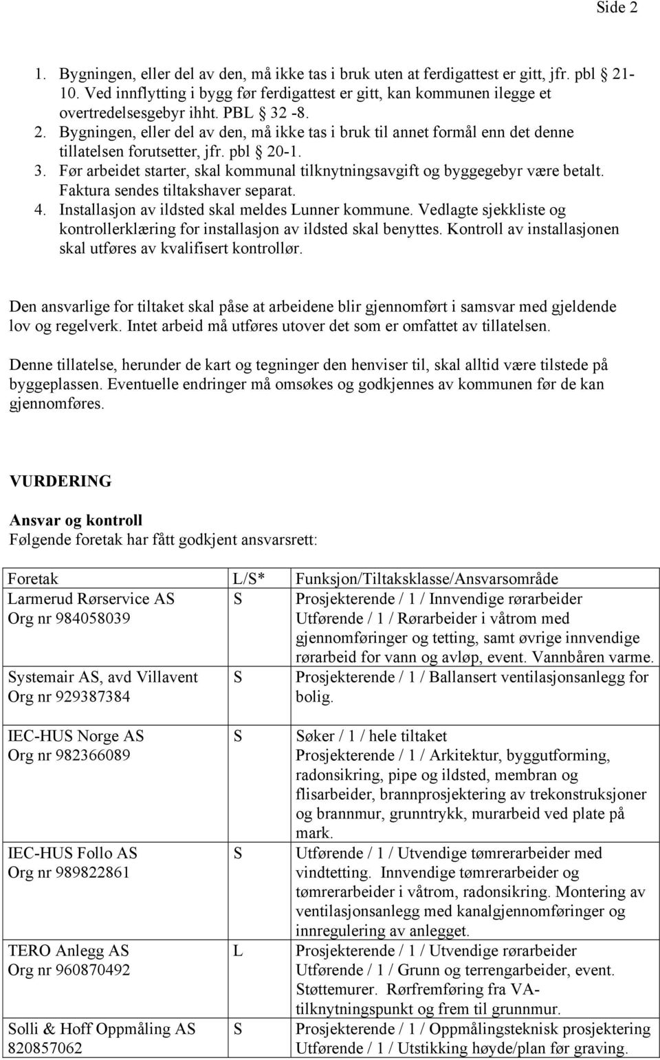 Faktura sendes tiltakshaver separat. 4. Installasjon av ildsted skal meldes Lunner kommune. Vedlagte sjekkliste og kontrollerklæring for installasjon av ildsted skal benyttes.