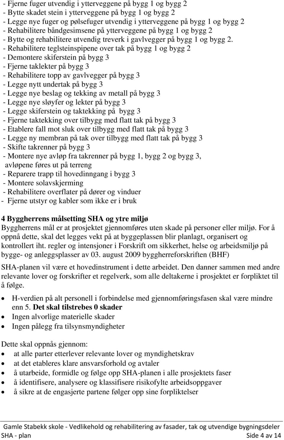 - Rehabilitere teglsteinspipene over tak på bygg 1 og bygg 2 - Demontere skiferstein på bygg 3 - Fjerne taklekter på bygg 3 - Rehabilitere topp av gavlvegger på bygg 3 - Legge nytt undertak på bygg 3