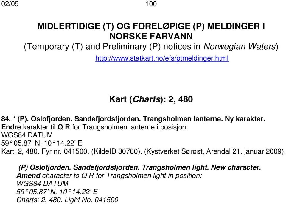 Endre karakter til Q R for Trangsholmen lanterne i posisjon: 59 05.87 N, 10 14.22 E Kart: 2, 480. Fyr nr. 041500. (KildeID 30760). (Kystverket Sørøst, Arendal 21.