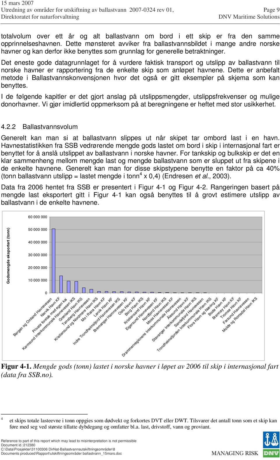 Det eneste gode datagrunnlaget for å vurdere faktisk transport og utslipp av ballastvann til norske havner er rapportering fra de enkelte skip som anløpet havnene.