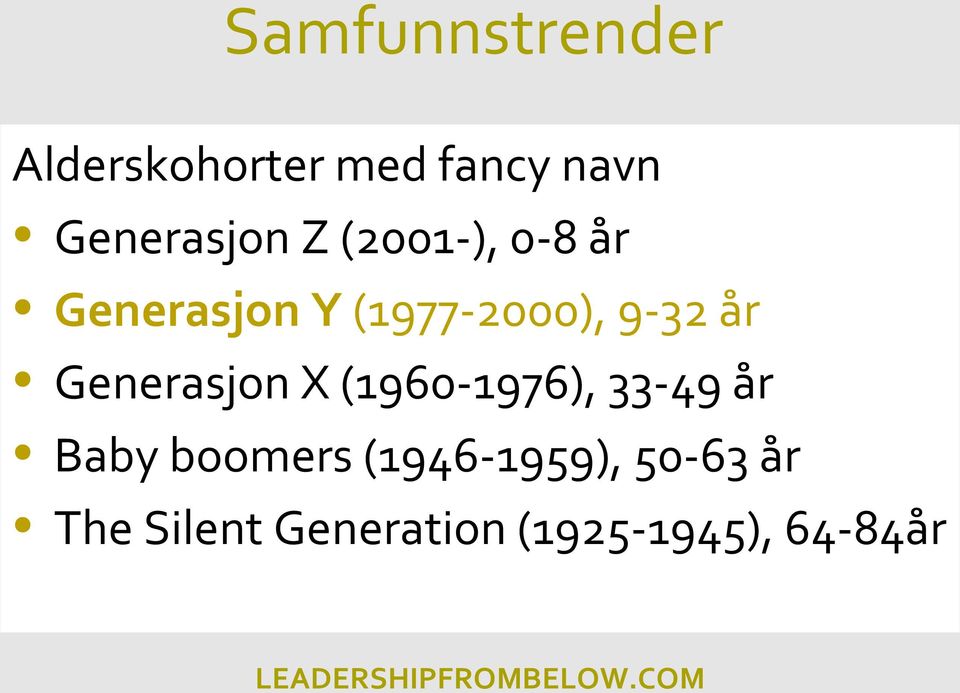 9-32 år Generasjon X (1960-1976), 33-49 år Baby boomers