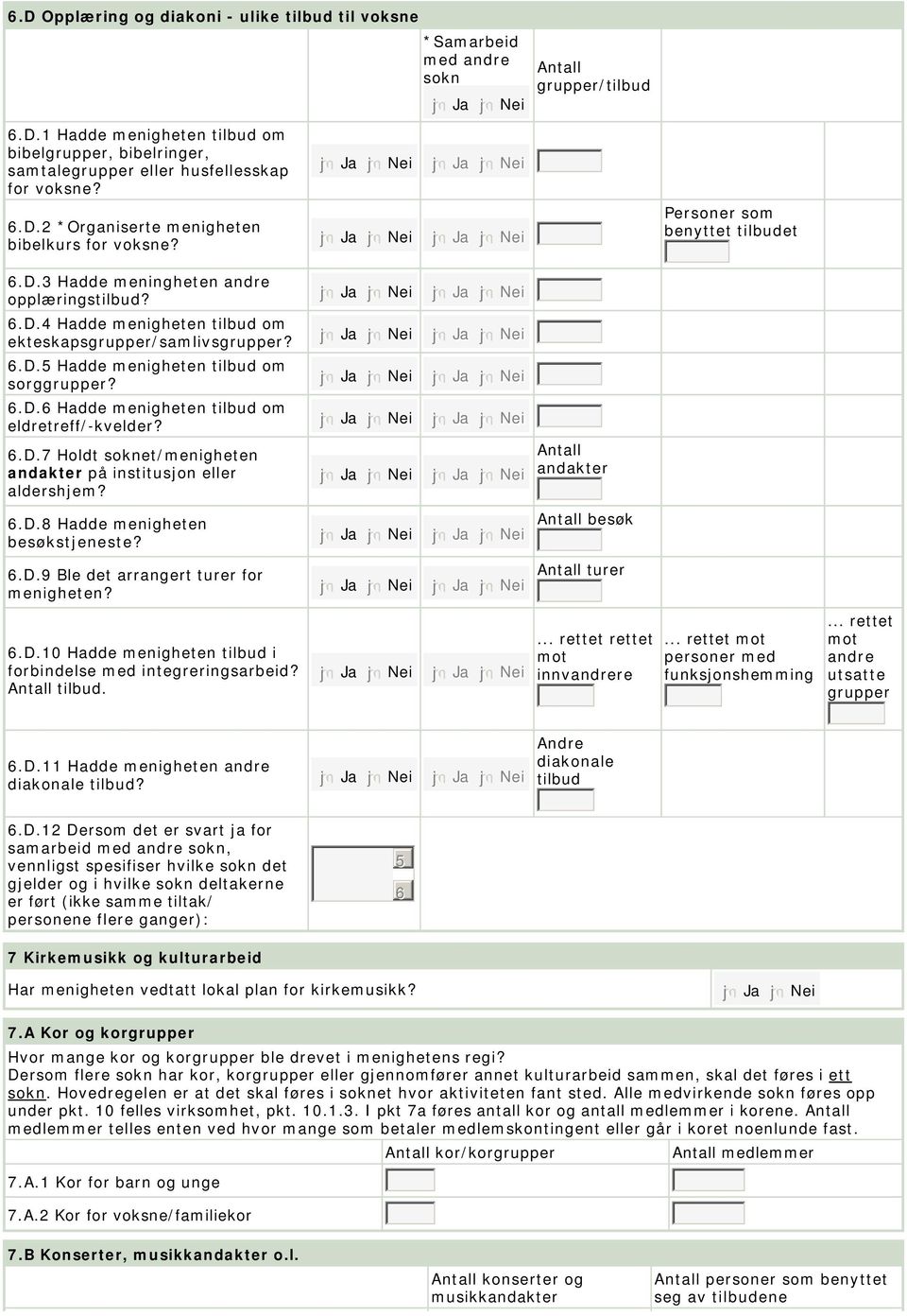 .d.7 Holdt soknet/menigheten andakter på institusjon eller aldershjem? andakter.d.8 Hadde menigheten besøkstjeneste? besøk.d.9 Ble det arrangert turer for menigheten? turer.d.10 Hadde menigheten i forbindelse med integreringsarbeid?