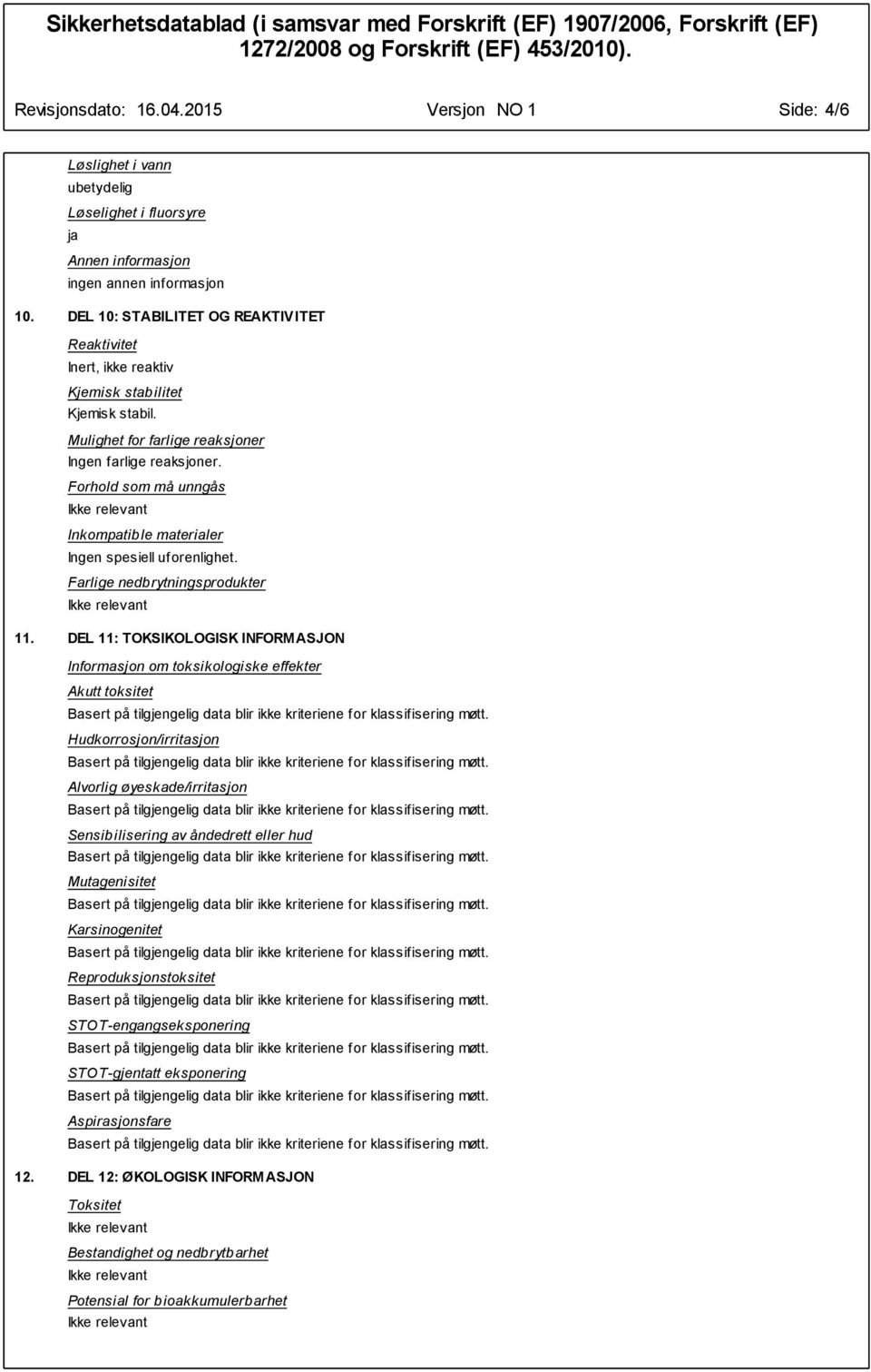 Forhold som må unngås Inkompatible materialer Ingen spesiell uforenlighet. Farlige nedbrytningsprodukter 11.