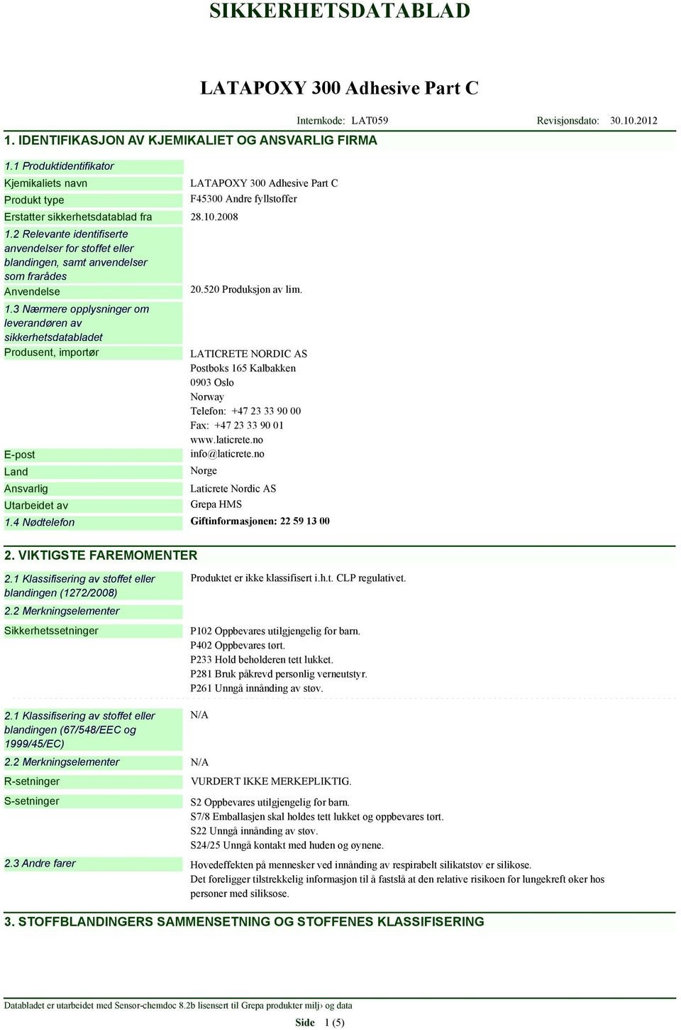 3 Nærmere opplysninger om leverandøren av sikkerhetsdatabladet Produsent, importør E-post Land Ansvarlig Utarbeidet av F45300 Andre fyllstoffer 20.520 Produksjon av lim.