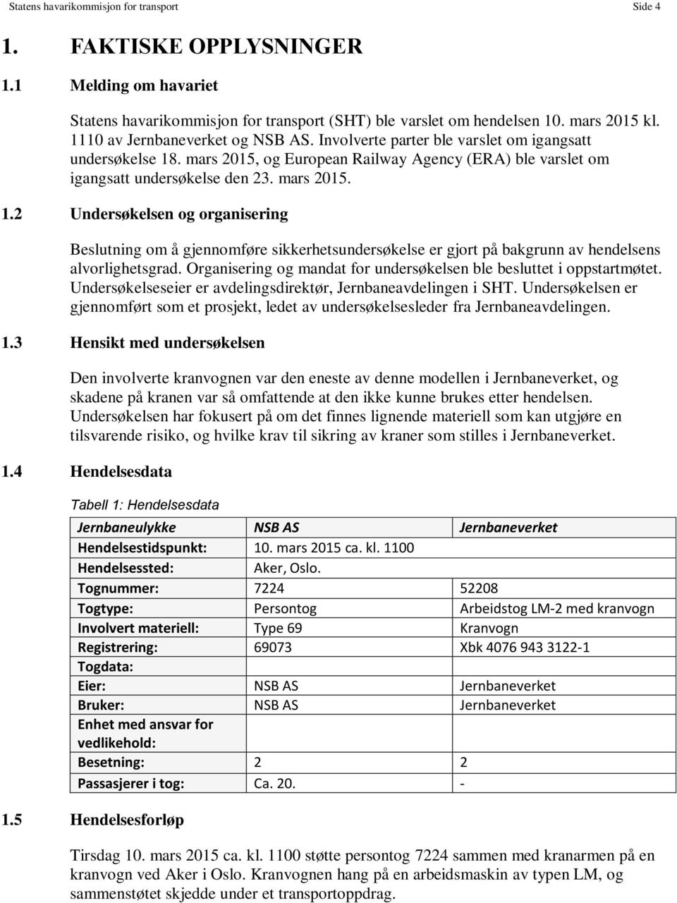 . mars 2015, og European Railway Agency (ERA) ble varslet om igangsatt undersøkelse den 23. mars 2015. 1.