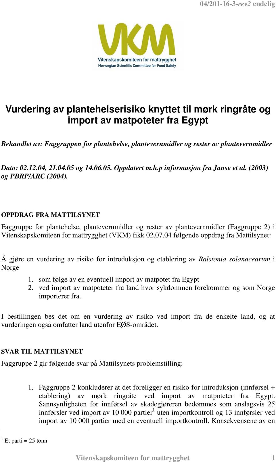 OPPDRAG FRA MATTILSYNET Faggruppe for plantehelse, plantevernmidler og rester av plantevernmidler (Faggruppe 2) i Vitenskapskomiteen for mattrygghet (VKM) fikk 02.07.