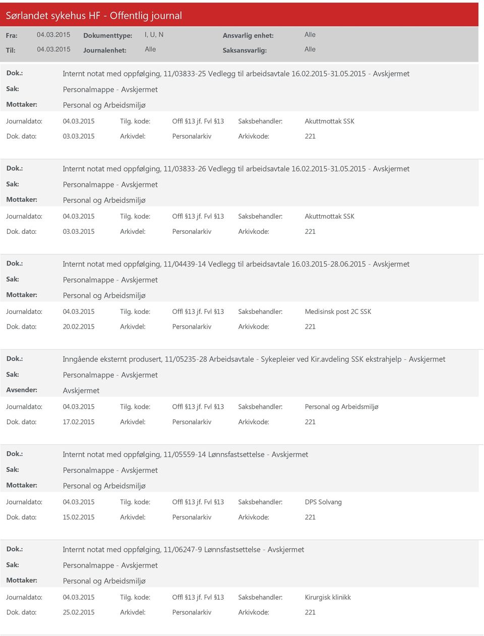 2015 - Personalmappe - Medisinsk post 2C SSK Dok. dato: 20.02.2015 Arkivdel: Personalarkiv Arkivkode: 221 Inngående eksternt produsert, 11/05235-28 Arbeidsavtale - Sykepleier ved Kir.